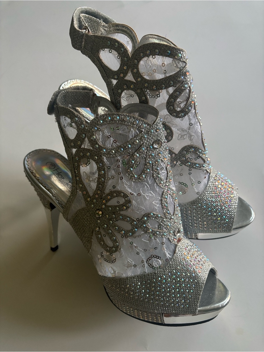 Hot Tomato Silver Rhinestone Peep-Toe Dress Heels